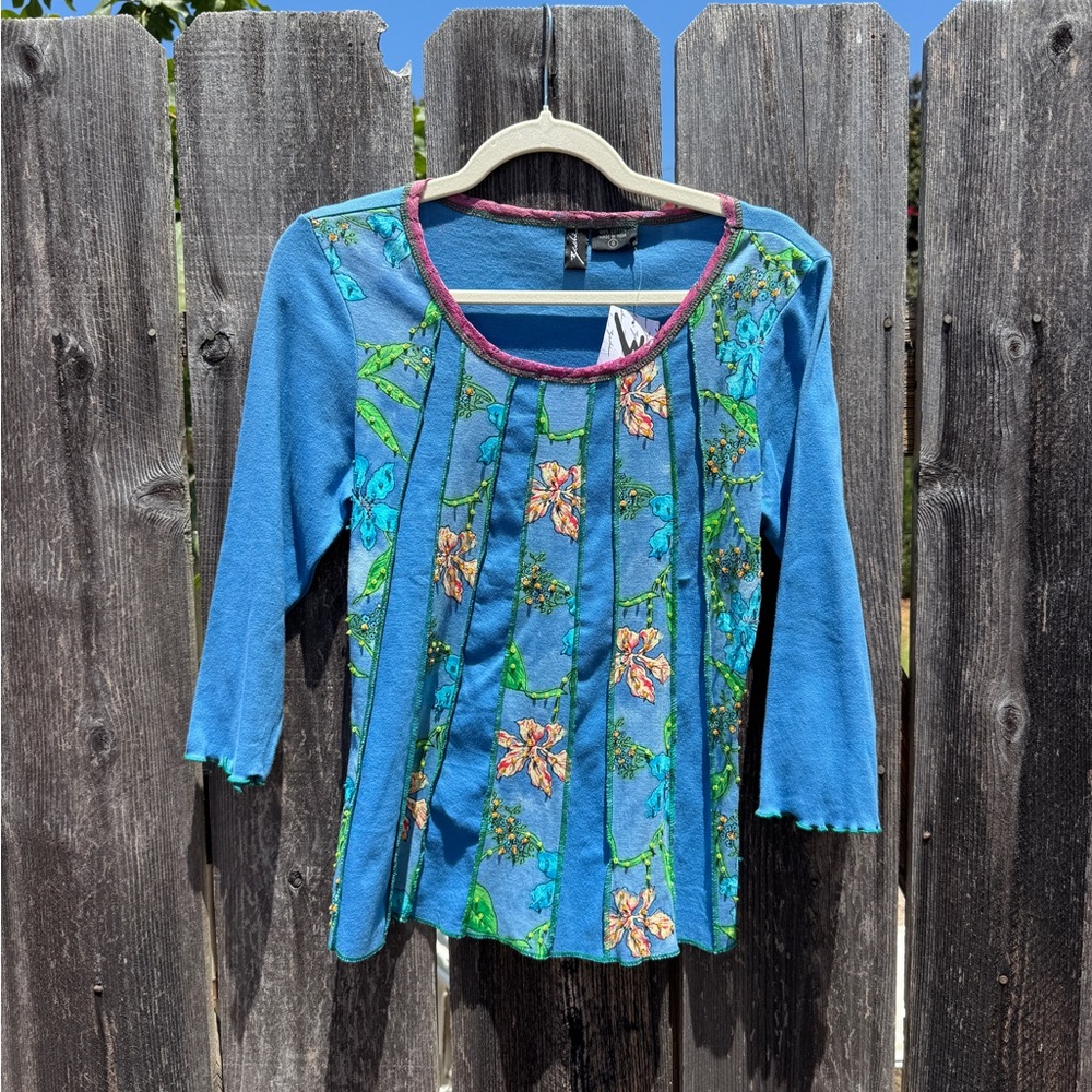 Vintage 100% Cotton Beaded Blue Floral Embroidered 3/4 Sleeve Top NWT Deadstock